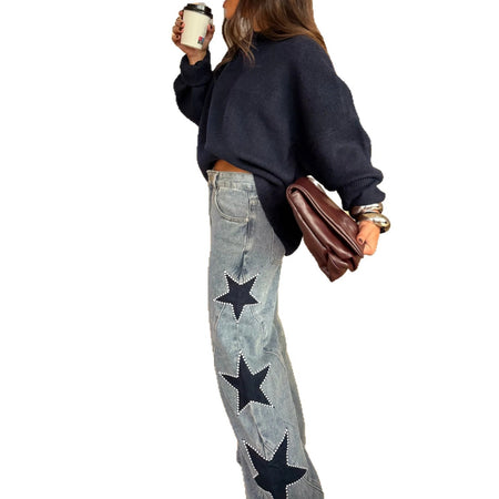 Five pointed star loose straight denim pants