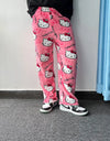 Sanrio Hello Kitty Flannel Pajamas Black Women'S Warm Woolen Cartoon Casual Home Pants In Autumn Winter Fashion Trousers