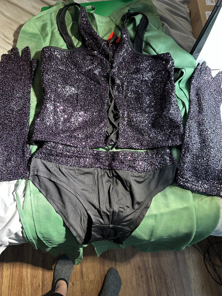 Dr. Frank Costume Outfit 1970s Magenta Corset Robe Stocking Set Movie Halloween Cosplay Uniform. *Preowned*