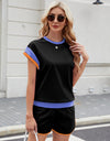 Contrast Round Neck Top and Shorts Set
