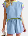 Contrast Round Neck Top and Shorts Set